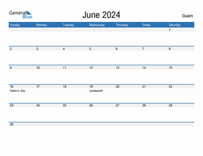 Current month calendar with Guam holidays for June 2024