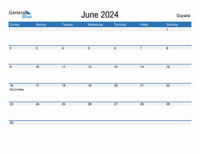 Current month calendar with Guyana holidays for June 2024