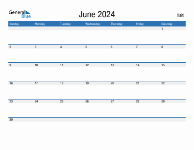 Current month calendar with Haiti holidays for June 2024