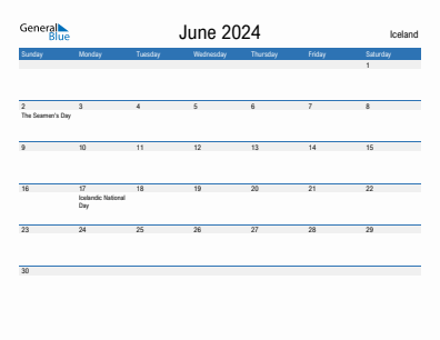 Current month calendar with Iceland holidays for June 2024