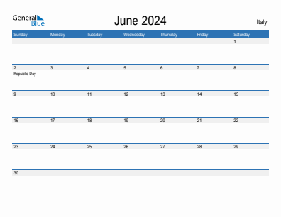 Current month calendar with Italy holidays for June 2024