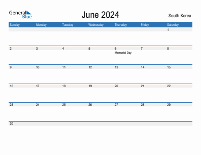 Current month calendar with South Korea holidays for June 2024