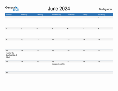 Current month calendar with Madagascar holidays for June 2024