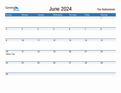 Current month calendar with The Netherlands holidays for June 2024