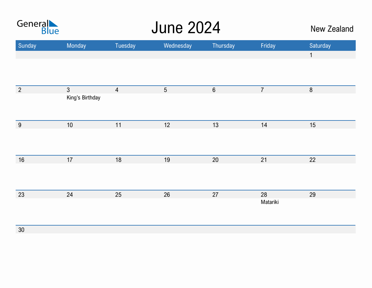 June 2024 Monthly Calendar with New Zealand Holidays