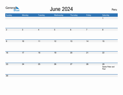 Current month calendar with Peru holidays for June 2024