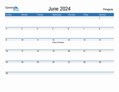 Current month calendar with Paraguay holidays for June 2024