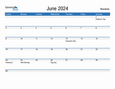 Current month calendar with Romania holidays for June 2024