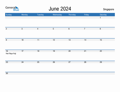 Current month calendar with Singapore holidays for June 2024