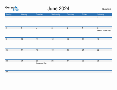 Current month calendar with Slovenia holidays for June 2024