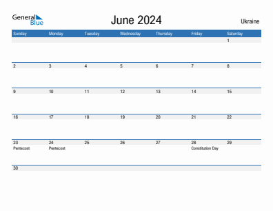 Current month calendar with Ukraine holidays for June 2024
