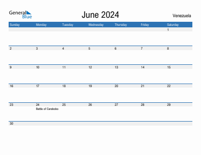 Current month calendar with Venezuela holidays for June 2024