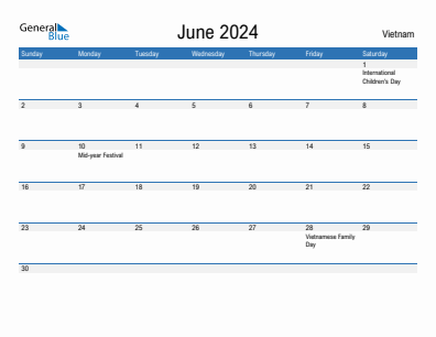 Current month calendar with Vietnam holidays for June 2024
