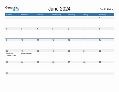 Current month calendar with South Africa holidays for June 2024