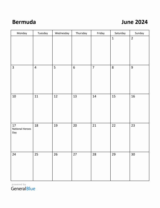 June 2024 Calendar with Bermuda Holidays