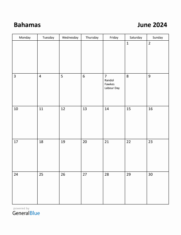June 2024 Calendar with Bahamas Holidays