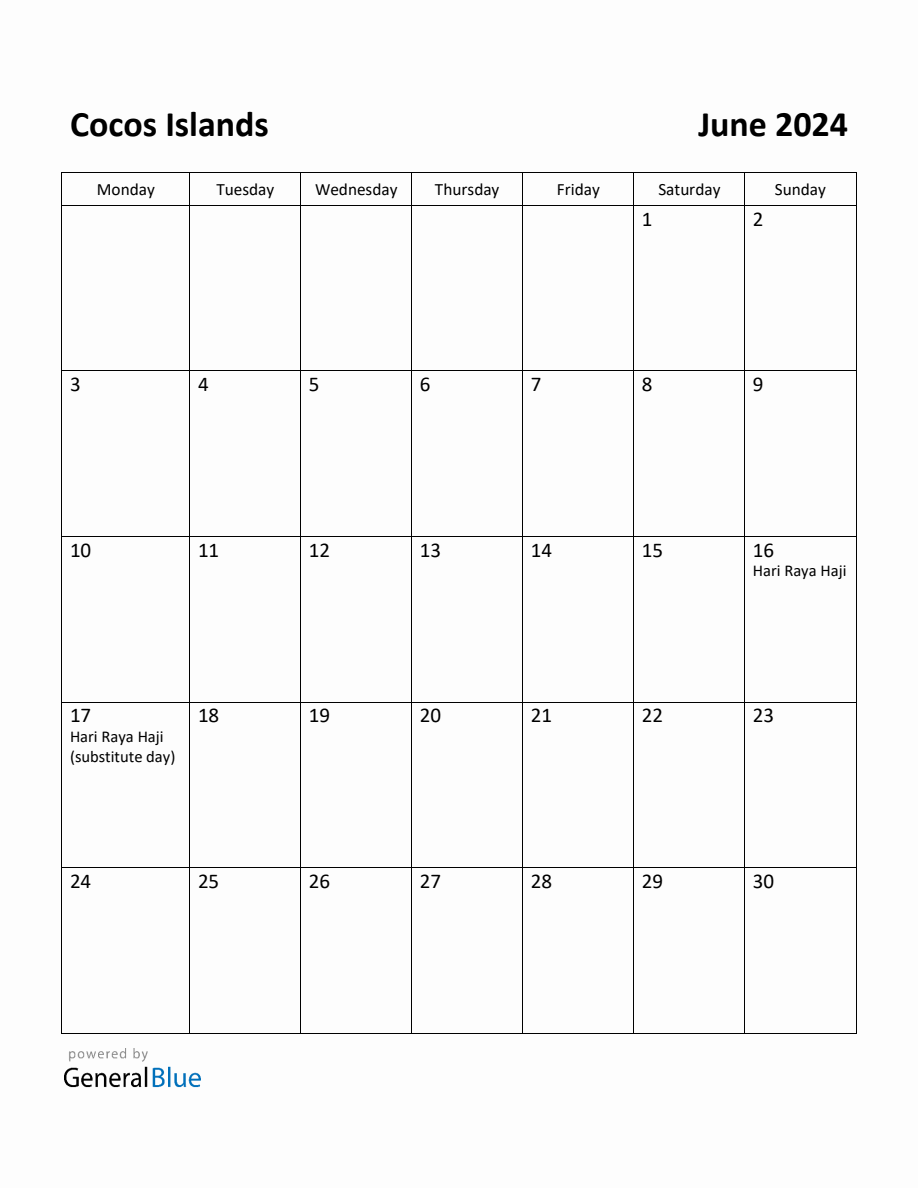 Free Printable June 2024 Calendar for Cocos Islands