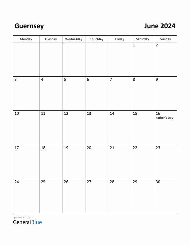 June 2024 Calendar with Guernsey Holidays