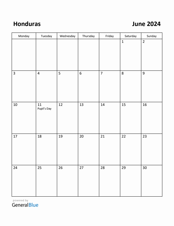 June 2024 Calendar with Honduras Holidays