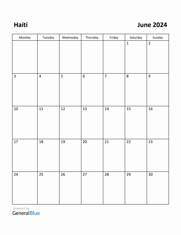 June 2024 Haiti Monthly Calendar with Holidays