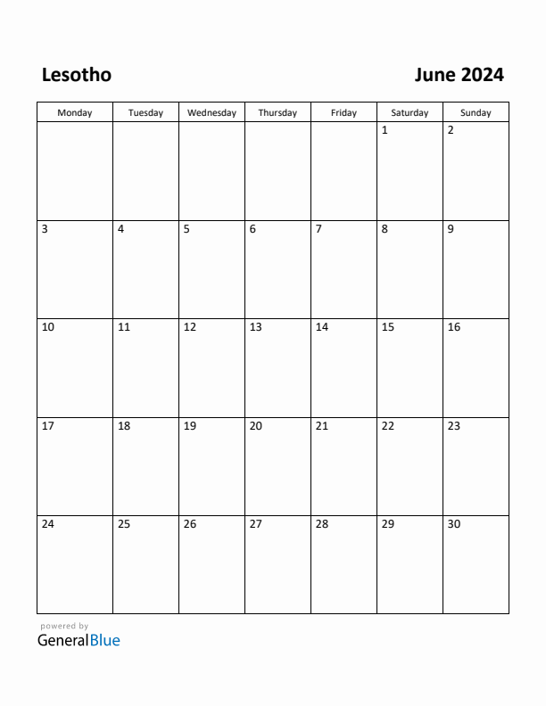June 2024 Calendar with Lesotho Holidays