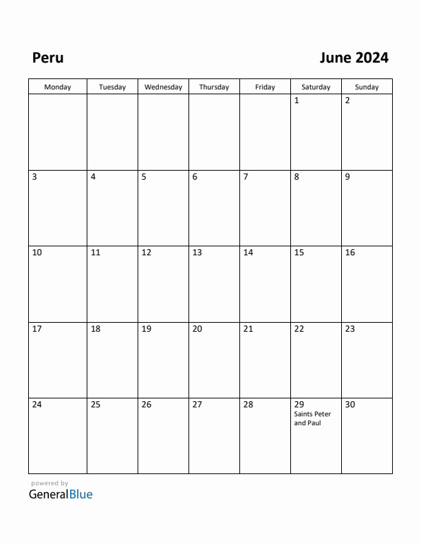 June 2024 Calendar with Peru Holidays