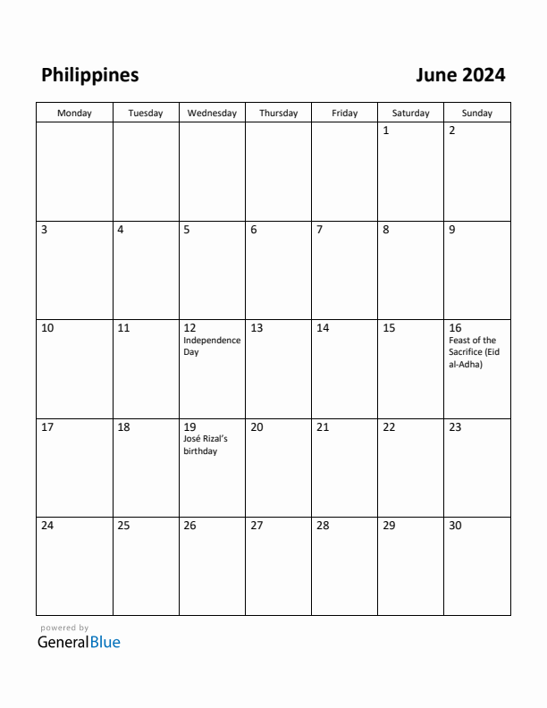 Free Printable June 2024 Calendar for Philippines