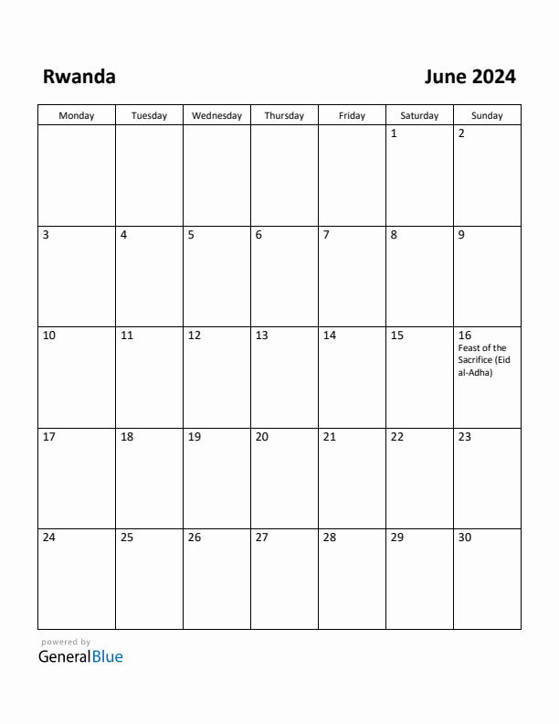 June 2024 Calendar with Rwanda Holidays