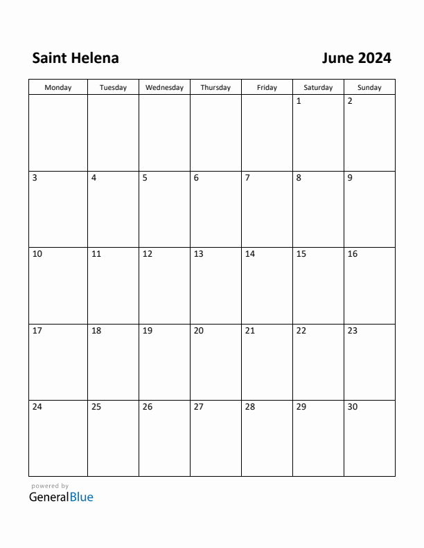 June 2024 Calendar with Saint Helena Holidays