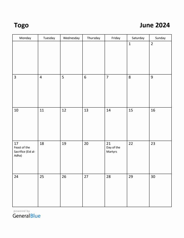 June 2024 Calendar with Togo Holidays
