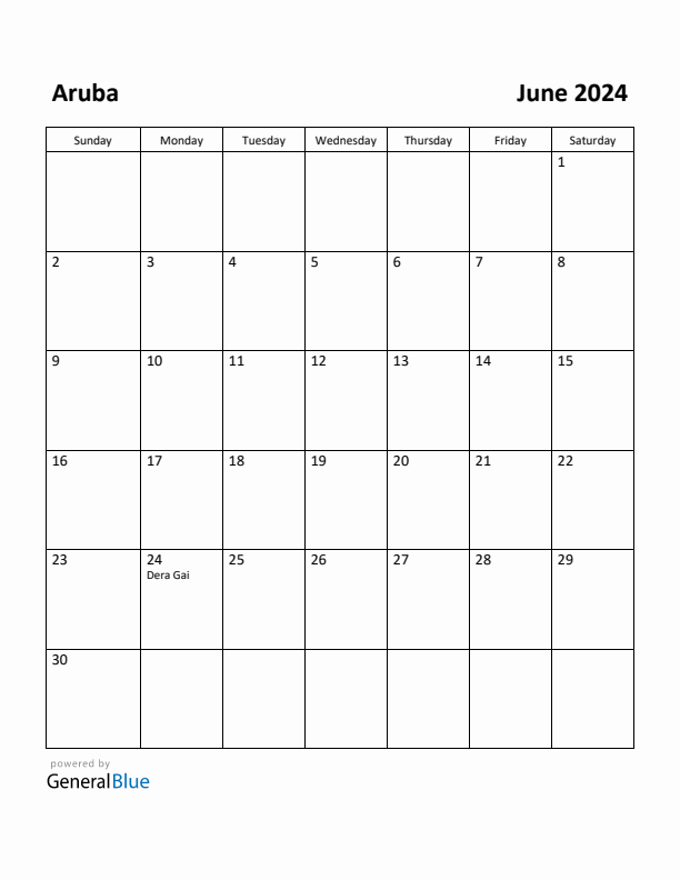 Free Printable June 2024 Calendar for Aruba