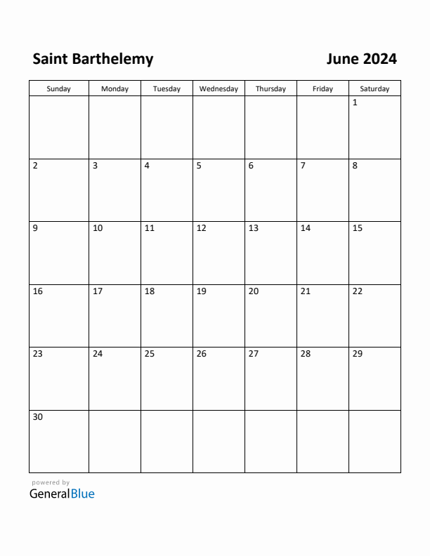 June 2024 Calendar with Saint Barthelemy Holidays