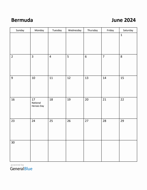 Free Printable June 2024 Calendar for Bermuda
