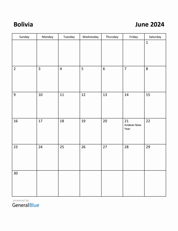 June 2024 Calendar with Bolivia Holidays