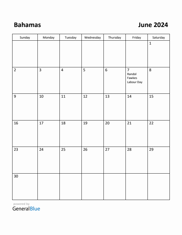 June 2024 Calendar with Bahamas Holidays