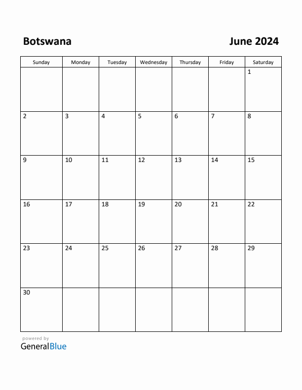 June 2024 Calendar with Botswana Holidays