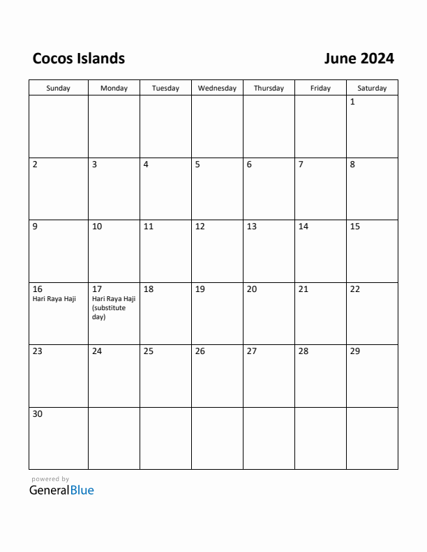 June 2024 Calendar with Cocos Islands Holidays