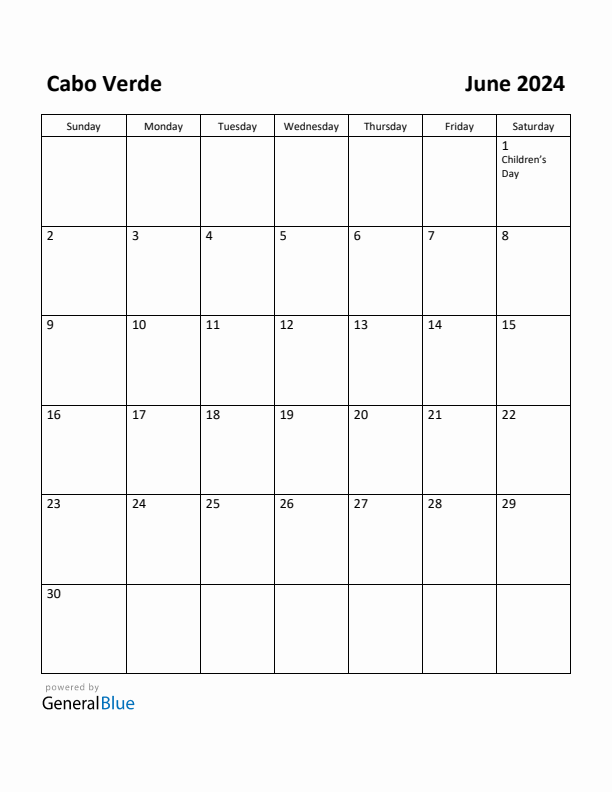 June 2024 Calendar with Cabo Verde Holidays