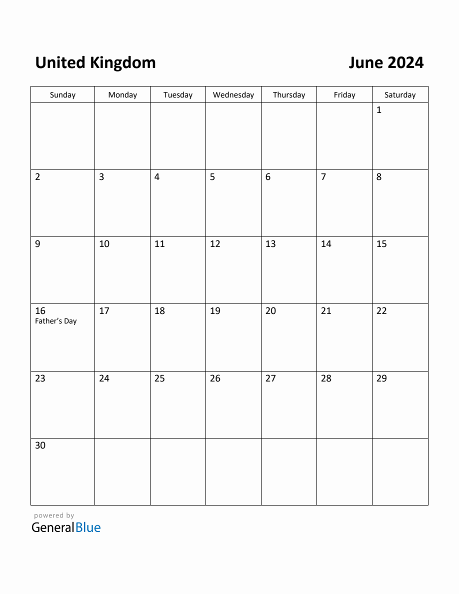 Free Printable June 2024 Calendar for United Kingdom