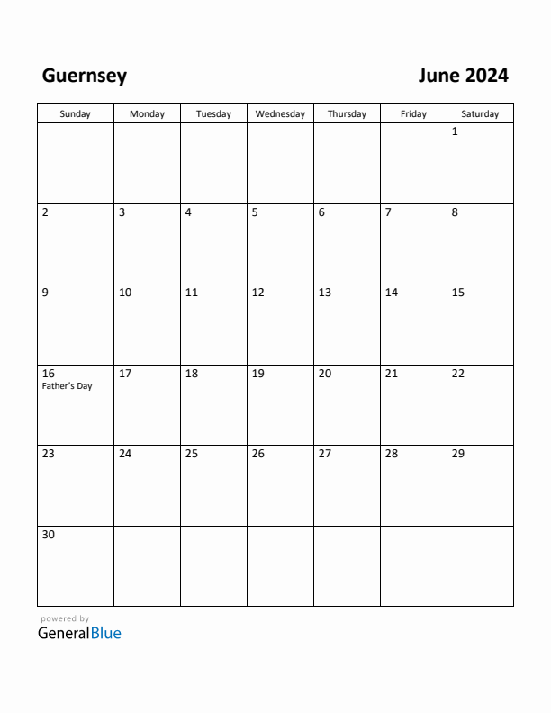 Free Printable June 2024 Calendar for Guernsey