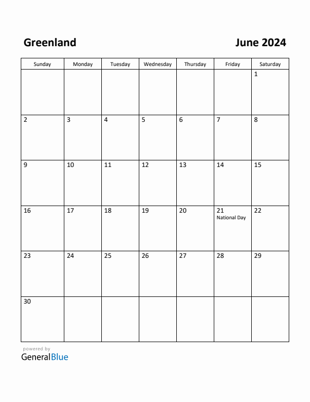 June 2024 Calendar with Greenland Holidays