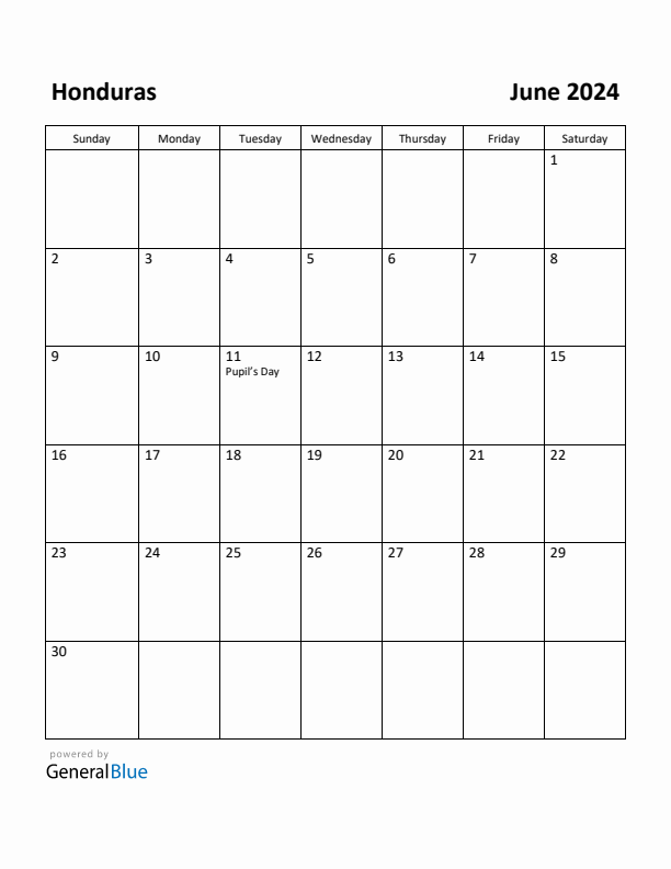 June 2024 Calendar with Honduras Holidays