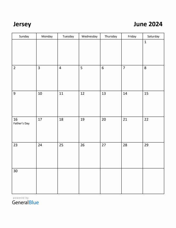 June 2024 Calendar with Jersey Holidays