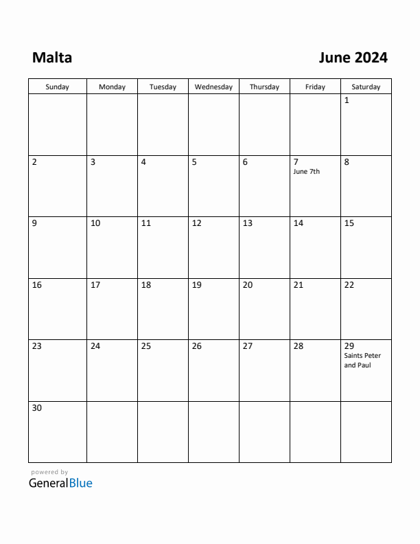 June 2024 Calendar with Malta Holidays