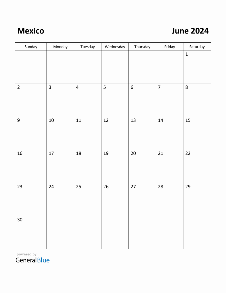 Free Printable June 2024 Calendar for Mexico