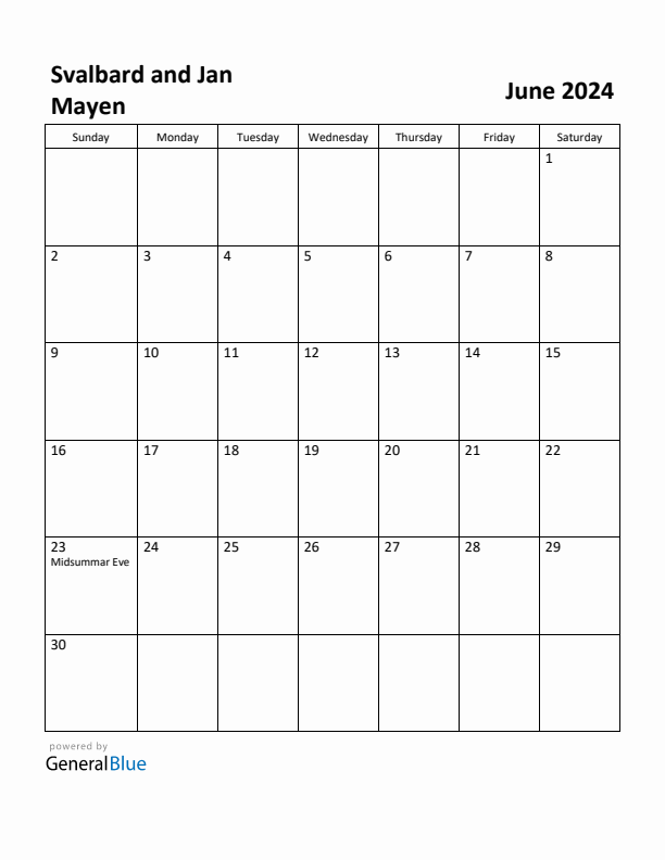 June 2024 Calendar with Svalbard and Jan Mayen Holidays