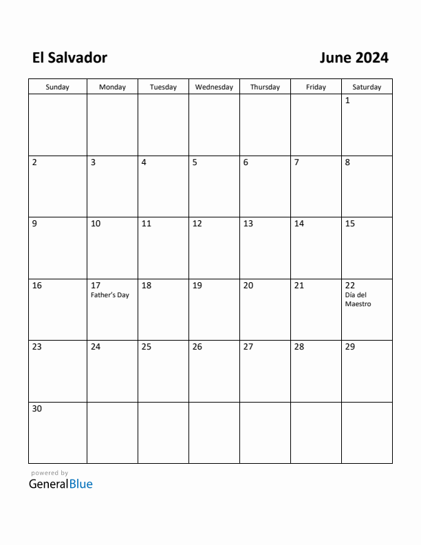 June 2024 Calendar with El Salvador Holidays
