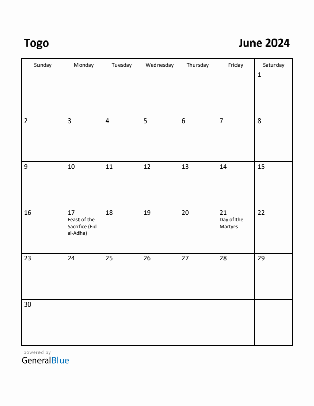 June 2024 Calendar with Togo Holidays