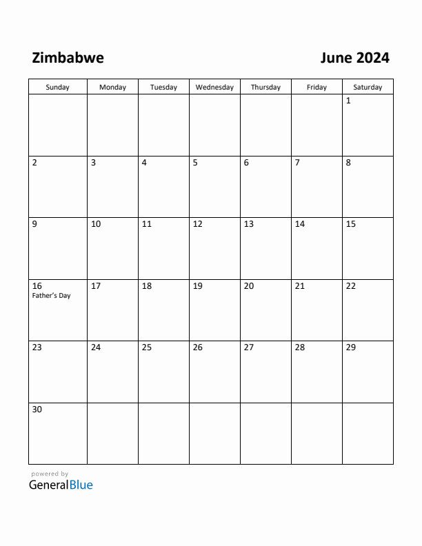 June 2024 Calendar with Zimbabwe Holidays