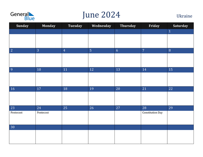 Ukraine June 2024 Calendar with Holidays